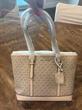 Michael Kors Cream MK Logo Tote with Ivory Trim